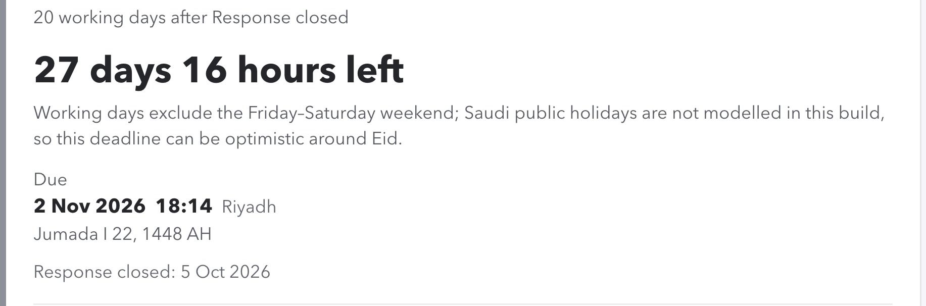 التقرير النهائي لهيئة الاتصالات والفضاء والتقنية: بعد 20 يوم عمل من إغلاق الاستجابة، مع تاريخ الاستحقاق بالتقويمين، ولا تستثني المنصة الإجازات الرسمية من العدّ.
